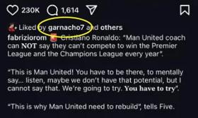 Garnacho thích bài viết Ronaldo chỉ trích Ten Hag 